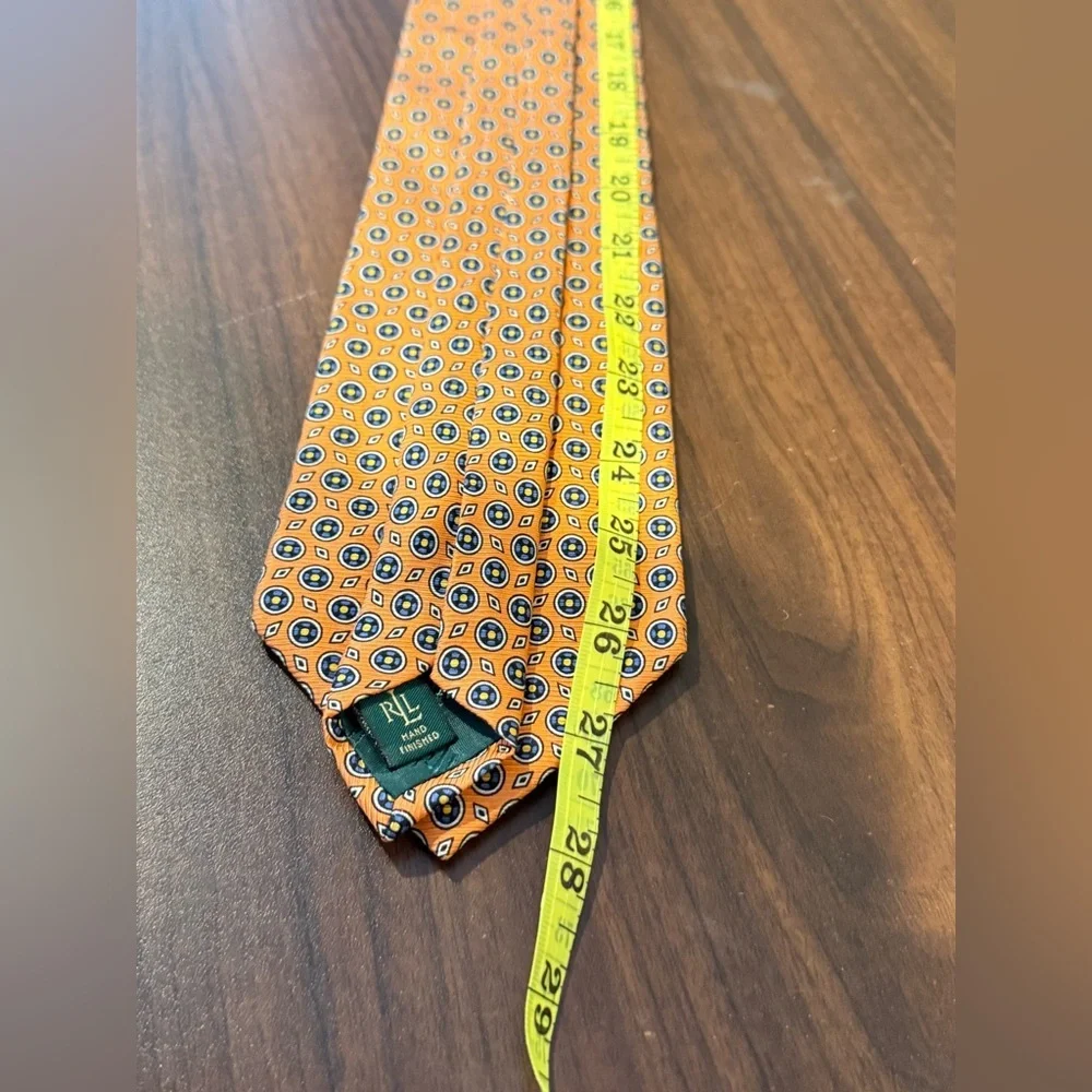 Lauren Ralph Lauren / orange 100% silk‎ necktie w circular blue pattern & dots